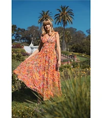 Mac Duggal Mesh Floral Print V-Neck Sleeveless Ruffle A-Line Maxi Dress