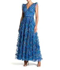 Mac Duggal Mesh Floral Print V-Neck Cap Sleeve Ruffle A-Line Maxi Dress