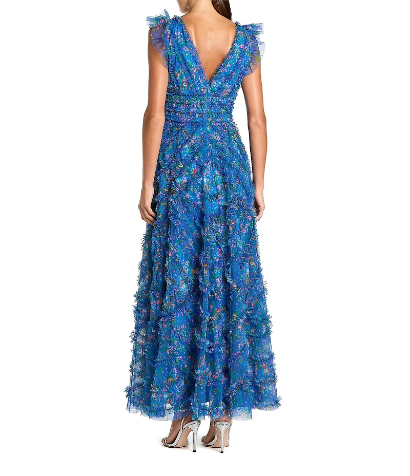 Mac Duggal Mesh Floral Print V-Neck Cap Sleeve Ruffle A-Line Maxi Dress