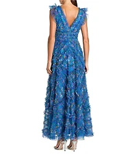 Mac Duggal Mesh Floral Print V-Neck Cap Sleeve Ruffle A-Line Maxi Dress