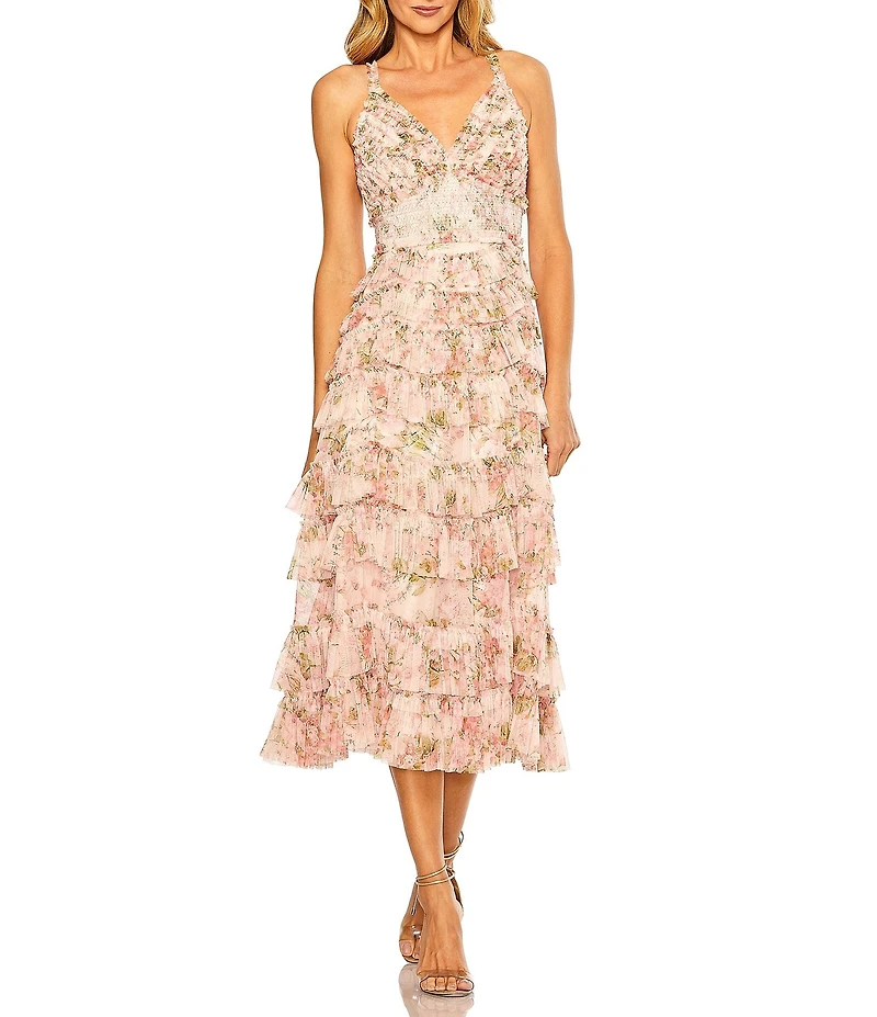 Mac Duggal Mesh Floral Print V-Neck Sleeveless Ruffle A-Line Midi Dress