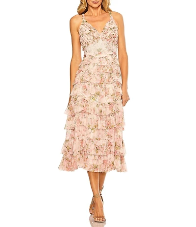 Mac Duggal Mesh Floral Print V-Neck Sleeveless Ruffle A-Line Midi Dress