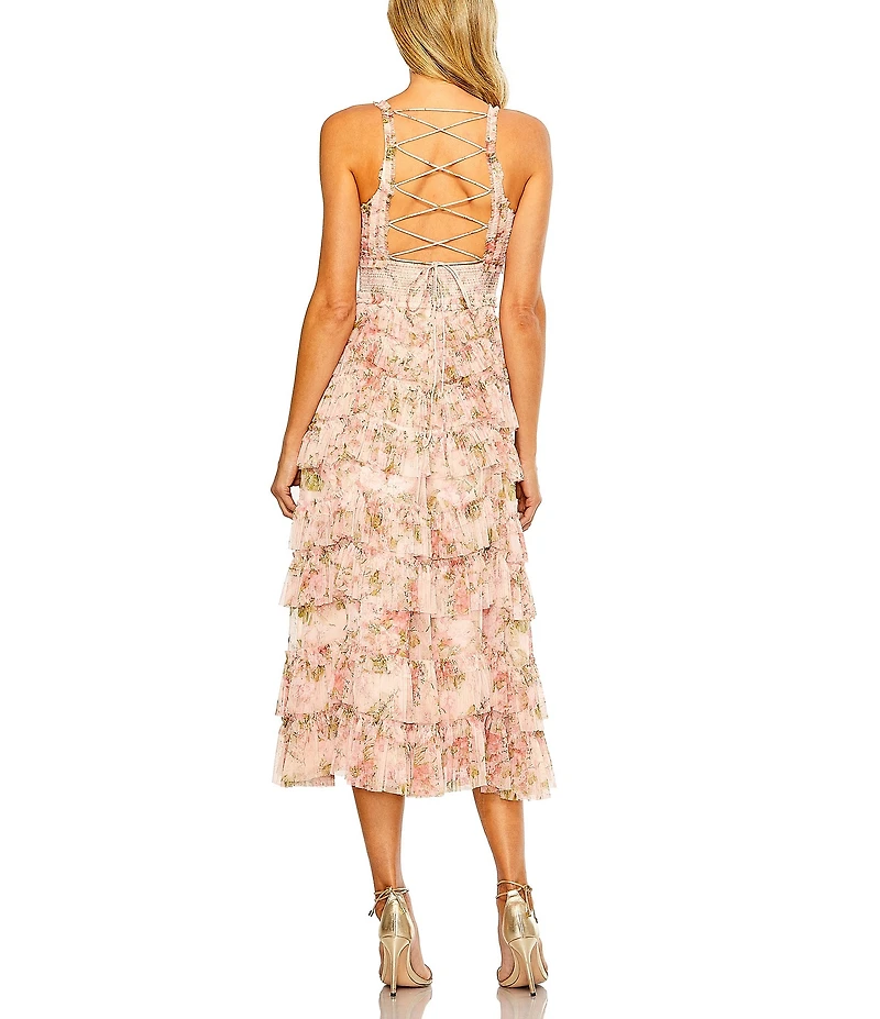 Mac Duggal Mesh Floral Print V-Neck Sleeveless Ruffle A-Line Midi Dress