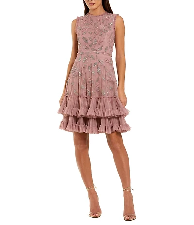 Mac Duggal Mesh High Neck Above Knee Dress With Ruffles