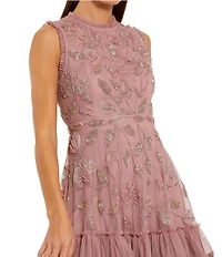 Mac Duggal Mesh High Neck Above Knee Dress With Ruffles