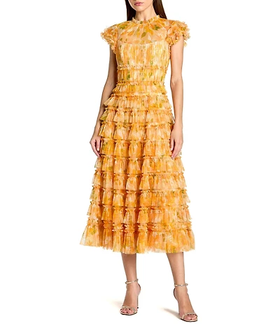 Mac Duggal Mesh Micro Ruffle Cap Sleeve Midi Dress