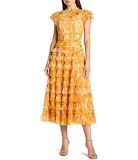 Mac Duggal Mesh Micro Ruffle Cap Sleeve Midi Dress