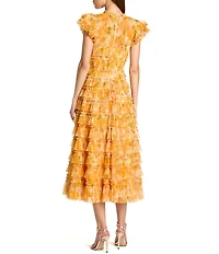 Mac Duggal Mesh Micro Ruffle Cap Sleeve Midi Dress