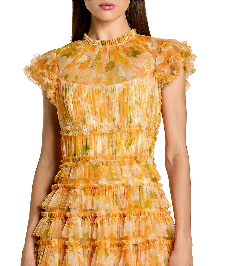 Mac Duggal Mesh Micro Ruffle Cap Sleeve Midi Dress