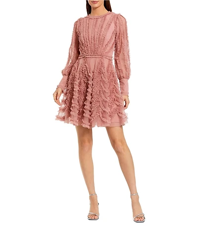 Mac Duggal Mesh Micro Ruffle Long Sleeve Mini Dress