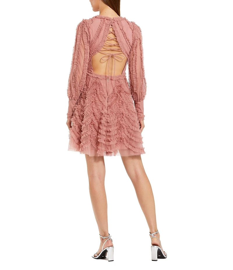 Mac Duggal Mesh Micro Ruffle Long Sleeve Mini Dress