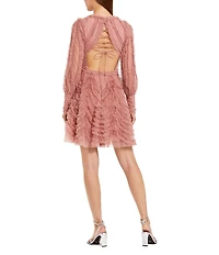Mac Duggal Mesh Micro Ruffle Long Sleeve Mini Dress