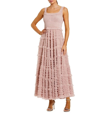 Mac Duggal Mesh Micro Ruffle Sleeveless Scoop Neck Midi Dress