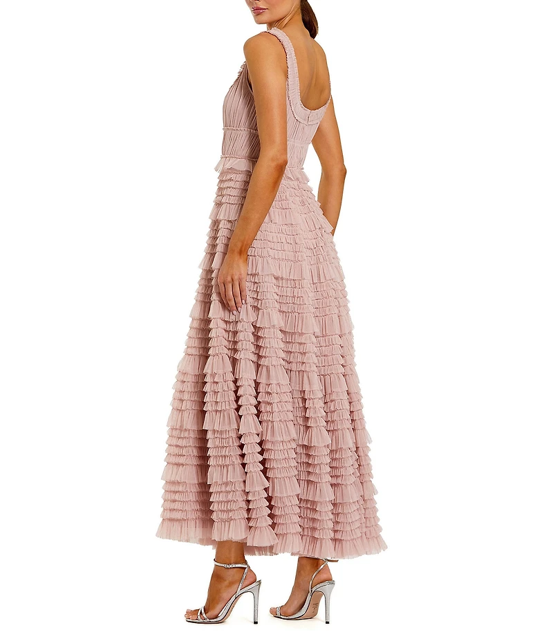 Mac Duggal Mesh Micro Ruffle Sleeveless Scoop Neck Midi Dress