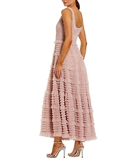 Mac Duggal Mesh Micro Ruffle Sleeveless Scoop Neck Midi Dress
