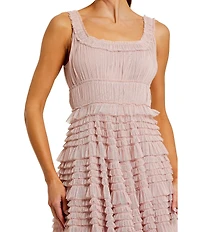 Mac Duggal Mesh Micro Ruffle Sleeveless Scoop Neck Midi Dress