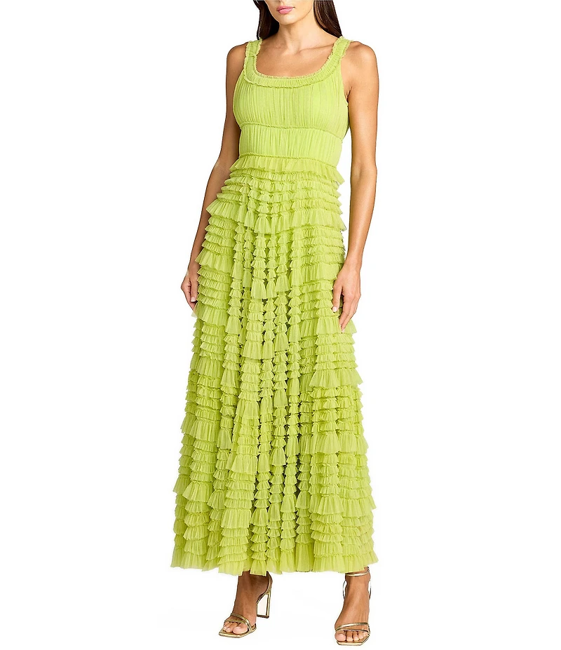 Mac Duggal Mesh Micro Ruffle Sleeveless Scoop Neck Midi Dress