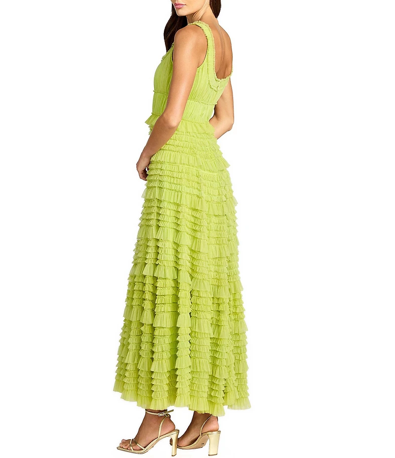 Mac Duggal Mesh Micro Ruffle Sleeveless Scoop Neck Midi Dress