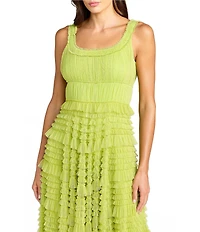 Mac Duggal Mesh Micro Ruffle Sleeveless Scoop Neck Midi Dress