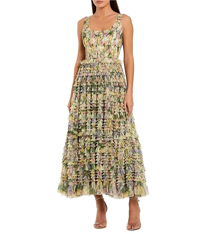 Mac Duggal Mesh Printed Ruffle Scoop Neck Dress