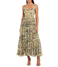 Mac Duggal Mesh Printed Ruffle Scoop Neck Dress