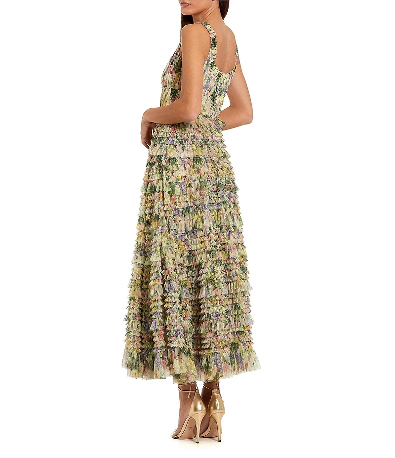 Mac Duggal Mesh Printed Ruffle Scoop Neck Dress