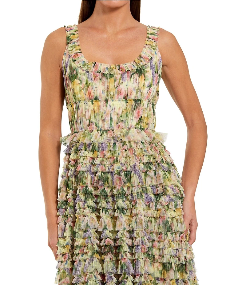 Mac Duggal Mesh Printed Ruffle Scoop Neck Dress