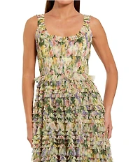Mac Duggal Mesh Printed Ruffle Scoop Neck Dress
