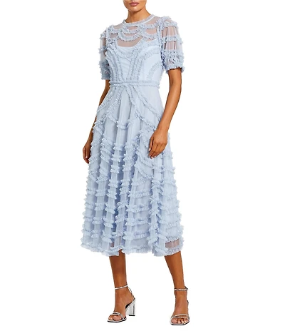 Mac Duggal Mesh Ruffle High Neck Short Sleeve Midi Dress