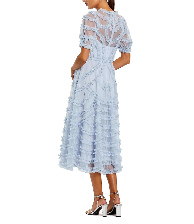 Mac Duggal Mesh Ruffle High Neck Short Sleeve Midi Dress