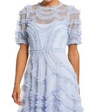 Mac Duggal Mesh Ruffle High Neck Short Sleeve Midi Dress