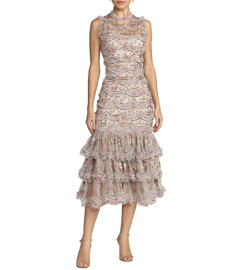 Mac Duggal Mesh Sleeveless Fitted Ruffle Hem Midi Dress