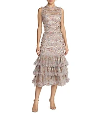 Mac Duggal Mesh Sleeveless Fitted Ruffle Hem Midi Dress