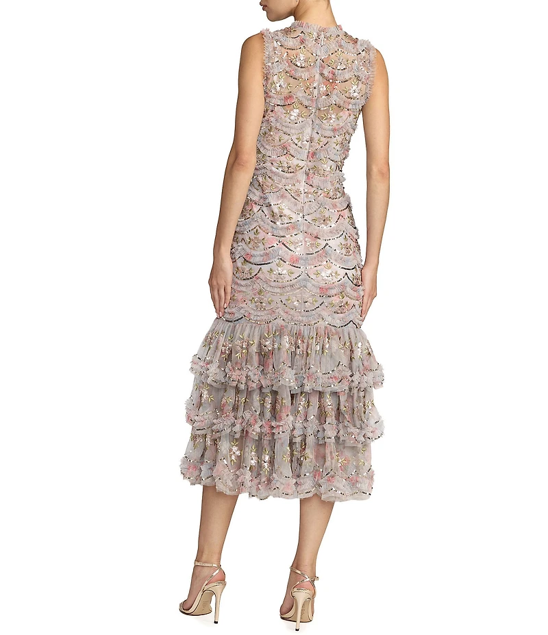 Mac Duggal Mesh Sleeveless Fitted Ruffle Hem Midi Dress