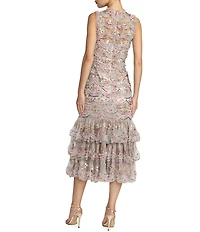 Mac Duggal Mesh Sleeveless Fitted Ruffle Hem Midi Dress