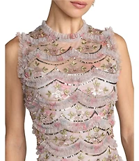 Mac Duggal Mesh Sleeveless Fitted Ruffle Hem Midi Dress