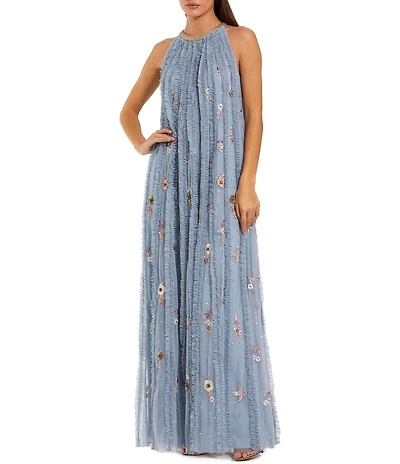 Mac Duggal Mesh Trapeze High Neck Long Dress With Embroidered