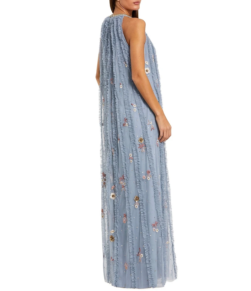 Mac Duggal Mesh Trapeze High Neck Long Dress With Embroidered