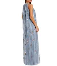 Mac Duggal Mesh Trapeze High Neck Long Dress With Embroidered