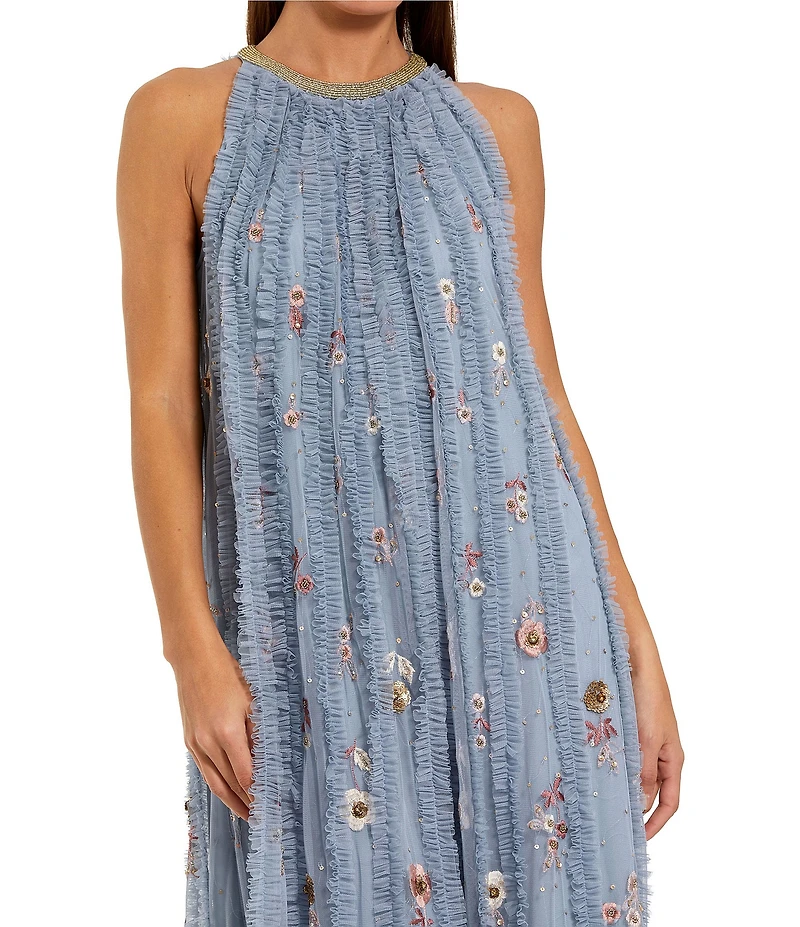 Mac Duggal Mesh Trapeze High Neck Long Dress With Embroidered