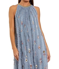 Mac Duggal Mesh Trapeze High Neck Long Dress With Embroidered