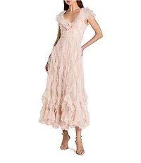 Mac Duggal Mesh V-Neck A-Line Ruffle Midi Dress