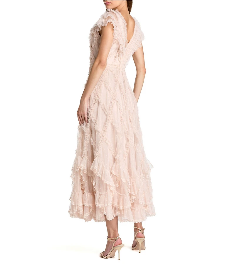 Mac Duggal Mesh V-Neck A-Line Ruffle Midi Dress