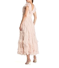 Mac Duggal Mesh V-Neck A-Line Ruffle Midi Dress