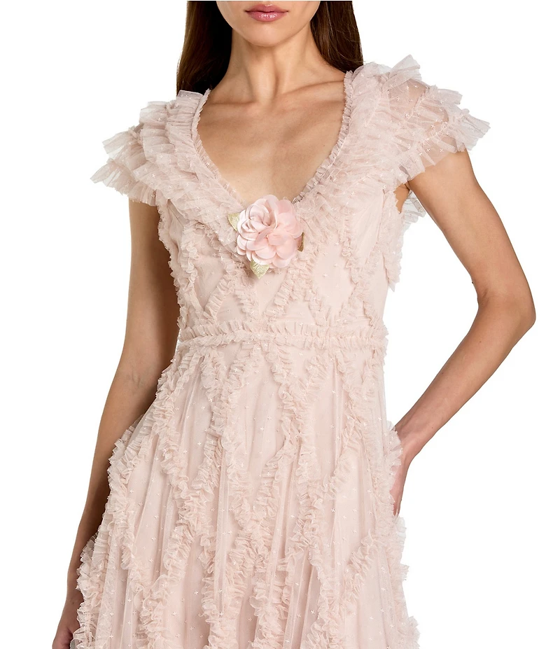 Mac Duggal Mesh V-Neck A-Line Ruffle Midi Dress