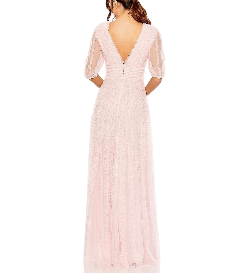 Mac Duggal Mesh V-Neck Elbow Sleeve A-Line Gown