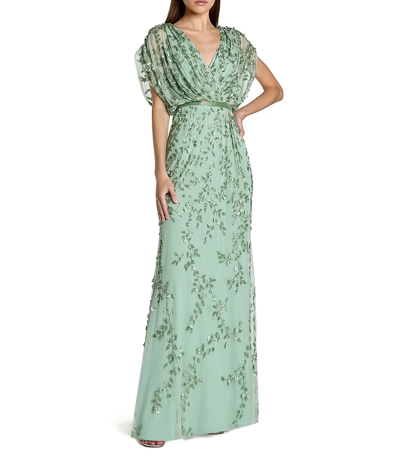 Mac Duggal Mesh V-Neck Short Sleeve Beaded Blouson Gown