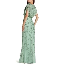 Mac Duggal Mesh V-Neck Short Sleeve Beaded Blouson Gown