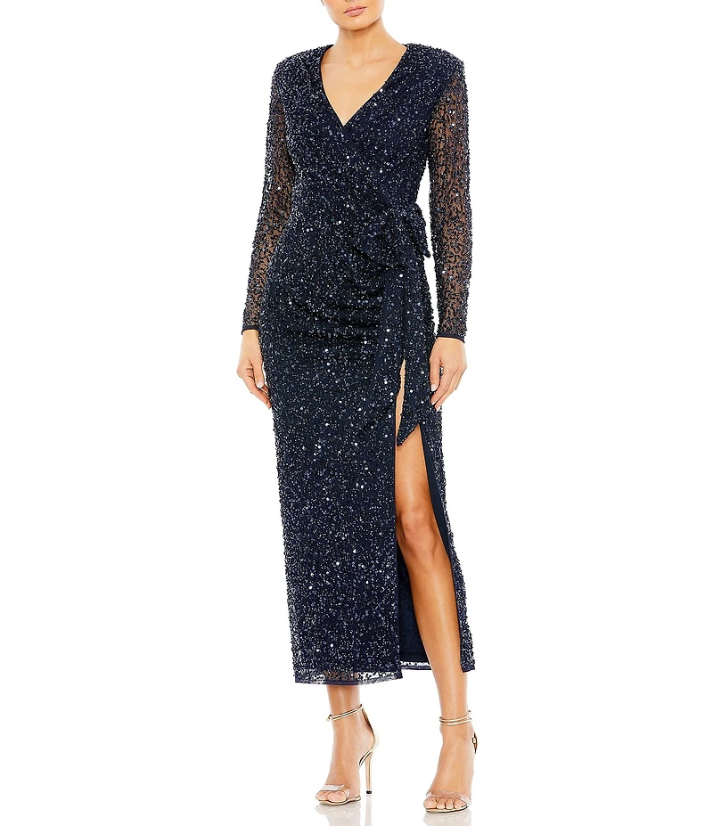 Mac Duggal Mesh V-Neckline Long Sleeve Embellished A-Line Wrap Bow Maxi Dress