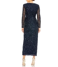 Mac Duggal Mesh V-Neckline Long Sleeve Embellished A-Line Wrap Bow Maxi Dress